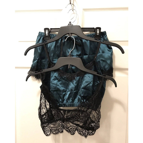 3 Piece Lingerie Lounge Set XL, Satin and Lace, Dark Green & Black - Picture 5 of 15